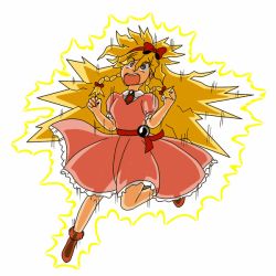 Rule 34 | 1girl, animated, animated gif, blonde hair, boots, bow, braid, castlevania (series), dress, electrocution, epilepsy warning, green eyes, hairband, long hair, maria renard, open mouth, skeleton, solo, twin braids, very long hair, x-ray, zappy pappy