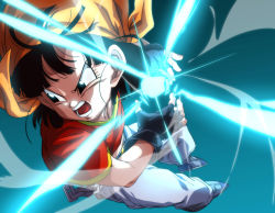 Rule 34 | 1girl, angry, bandana, belt, black belt, black eyes, black gloves, black hair, blue background, boots, breasts, chain, crop top, cupping hands, dark background, denim, dragon ball, dragon ball gt, energy ball, eyelashes, facing viewer, female focus, fingernails, flat chest, floating, frown, full body, gloves, glowing, glowing eyes, gradient background, grey footwear, jeans, legs apart, light rays, looking away, messy hair, official style, open mouth, orange headwear, own hands together, pan (dragon ball), pants, rom (20), serious, shaded face, short hair, simple background, solo, teeth