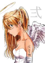 1girl angel_wings arm_tattoo bare_shoulders blonde_hair breasts collarbone dan_da_dan86 from_side halo looking_at_viewer neon_genesis_evangelion simple_background small_breasts solo souryuu_asuka_langley tattoo traditional_halo upper_body white_background wings