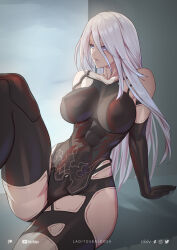 Rule 34 | 1girl, abs, android, artist name, bare shoulders, battle damage, black gloves, black tank top, blue eyes, breasts, damaged, elbow gloves, gloves, hair between eyes, highres, joints, knee up, laditos baldosa, large breasts, leaning back, long hair, looking to the side, nier (series), nier:automata, revealing clothes, robot joints, sitting, solo, tank top, thighs, white hair, a2 (nier:automata)