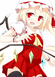 Rule 34 | 1girl, ascot, bad id, bad pixiv id, black thighhighs, blonde hair, blush, fang, female focus, flandre scarlet, hat, highres, long hair, pleated skirt, pspmaru, red eyes, side ponytail, skirt, skirt set, solo, thighhighs, touhou, wings, wrist cuffs