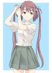 Rule 34 | 1girl, adjusting hair, aqua ribbon, asagumo (kancolle), brown hair, closed mouth, grey skirt, hair ribbon, highres, kantai collection, long hair, pleated skirt, ribbon, school uniform, shirt, short sleeves, simple background, skirt, solo, suspender skirt, suspenders, suspenders hanging, taruya, twintails, two-tone background, white shirt