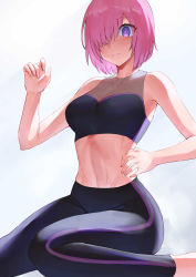 Rule 34 | 1girl, absurdres, bare arms, bare shoulders, blush, breasts, cleavage, closed mouth, collarbone, commentary, covered collarbone, fate/grand order, fate (series), grey background, hair over one eye, highres, looking at viewer, mash kyrielight, medium breasts, navel, purple eyes, rororo, short hair, simple background, solo, sports bra, sweat