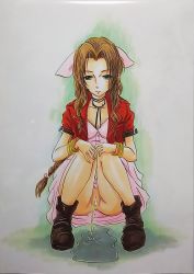 Rule 34 | 1girl, aerith gainsborough, ashigaki radar, bar censor, blush, boots, bow, bracelet, braid, breasts, brown footwear, brown hair, censored, cleavage, collarbone, dress, final fantasy, final fantasy vii, green eyes, grey background, hair bow, hands on own knees, highres, jacket, jewelry, long hair, looking down, medium breasts, necklace, no panties, open clothes, open jacket, peeing, pink dress, puddle, pussy, red jacket, short sleeves, smile, square enix, squatting