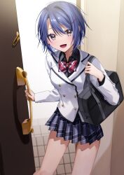 Rule 34 | 1girl, akira (jitsuimo), blue hair, blush, bowtie, breasts, brown eyes, chigusa minori, collared shirt, cover, cover image, hair ornament, highres, indoors, jitsu wa imouto deshita., looking at viewer, novel illustration, official art, open mouth, school uniform, second-party source, shadow, shirt, short hair, skirt, small breasts, smile, solo, standing, striped bow, striped bowtie, striped clothes, textless version, thighs, tile floor, tiles, uniform