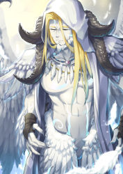 Rule 34 | 1boy, abs, angel, angel wings, bara, beard, biceps, blonde hair, chest tattoo, claws, colored skin, closed eyes, facial hair, feather necklace, feathers, final fantasy, final fantasy xiv, hood, hoodie, horns, jewelry, male focus, manly, mature male, multiple boys, muscular, muscular male, necklace, pectorals, sokimi (sosojovan), solo, stomach tattoo, tattoo, white hair, white skin, wings