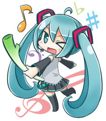 Rule 34 | &gt; o, 1girl, ;d, ahoge, bare shoulders, black footwear, black skirt, black sleeves, blue eyes, blue hair, blush, boots, chibi, commentary request, detached sleeves, eighth note, food, from side, full body, grey shirt, hair between eyes, hatsune miku, headphones, headset, holding, holding food, long hair, long sleeves, looking at viewer, looking to the side, musical note, naga u, one eye closed, open mouth, pleated skirt, shirt, simple background, skirt, sleeveless, sleeveless shirt, smile, solo, spring onion, standing, standing on one leg, thigh boots, treble clef, twintails, very long hair, vocaloid, white background