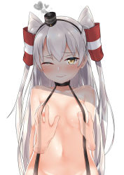 Rule 34 | 1girl, amatsukaze (kancolle), black hair, black hairband, blush, grabbing another&#039;s breast, breasts, brown eyes, closed mouth, collarbone, disembodied limb, grabbing, groin, groping, hair between eyes, hair tubes, hairband, hat, hekomii, kantai collection, long hair, mini hat, navel, nipples, nude, one eye closed, out-of-frame censoring, out of frame, silver hair, simple background, small breasts, smokestack, solo focus, two side up, very long hair, white background