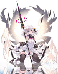 Rule 34 | 1girl, angel wings, armpits, backlighting, bare shoulders, black ribbon, black thighhighs, blue eyes, blurry, breasts, closed mouth, clothing cutout, commentary request, detached sleeves, dress, expressionless, feathered wings, feathers, hair between eyes, hair ribbon, hand on own head, head tilt, highres, holding, holding weapon, kneeling, lance, light ray, long sleeves, looking at viewer, medium hair, nanananana, neck ribbon, orange ribbon, original, polearm, reflection, ribbon, shoes, short dress, shoulder cutout, small breasts, solo, thighhighs, weapon, white background, white dress, white footwear, white hair, wings, zettai ryouiki