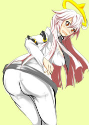 Rule 34 | 1girl, ahoge, arc system works, artist request, ass, belt, blush, bodysuit, breasts, green background, guilty gear, guilty gear xrd, guilty gear xrd: revelator, halo, huge ass, jack-o&#039; valentine, large breasts, leaning, leaning forward, long hair, looking at viewer, multicolored hair, open mouth, red eyes, red hair, sideboob, skin tight, solo, tears, very long hair, wavy mouth, white hair