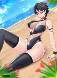 Rule 34 | 1girl, absurdres, bayonetta, bayonetta (series), bayonetta 2, beach, black hair, blue eyes, breasts, cleavage, earrings, glasses, highres, jewelry, kaos art, large breasts, lips, lipstick, looking at viewer, makeup, mole, mole under mouth, nintendo, sega, short hair, smile, solo, super smash bros., swimsuit, weapon