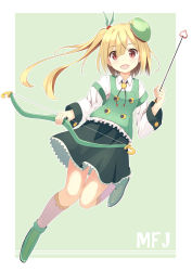 Rule 34 | 1girl, arrow (projectile), between fingers, blonde hair, blouse, bow (weapon), collared shirt, full body, green background, green hat, hat, holding, holding bow (weapon), holding weapon, kneehighs, long hair, miniskirt, momo no kanzume, original, outline, outside border, red eyes, shirt, short hair with long locks, side ponytail, simple background, skirt, socks, solo, weapon, white outline, white shirt, white socks