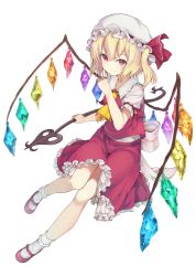 Rule 34 | 1girl, ascot, bare legs, blonde hair, bobby socks, bow, buckle, closed mouth, collar, collarbone, crystal, demon wings, flandre scarlet, frilled collar, frilled hat, frilled shirt collar, frilled skirt, frilled sleeves, frilled socks, frills, full body, hair between eyes, hat, hat ribbon, highres, holding, holding weapon, mary janes, mob cap, monobe tsukuri, pink footwear, polearm, rainbow order, red eyes, red ribbon, red skirt, red vest, ribbon, shirt, shoes, short hair, side ponytail, simple background, skirt, smile, socks, solo, spear, tareme, touhou, vest, weapon, white background, white bow, white shirt, white socks, wings