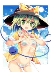 Rule 34 | 1girl, alternate costume, bikini, blush, breasts, eyeball, green eyes, green hair, hat, heart, heart-shaped pupils, heart hands, heart of string, highres, jewelry, komeiji koishi, looking at viewer, matching hair/eyes, maturiuta sorato, navel, necklace, open mouth, short hair, small breasts, smile, solo, striped bikini, striped clothes, sun, swimsuit, symbol-shaped pupils, third eye, touhou