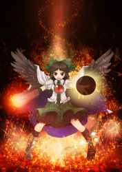 Rule 34 | 1girl, arm cannon, black eyes, black footwear, black hair, black legwear, black skirt, black wings, blouse, bow, cape, energy, energy ball, frilled skirt, frills, green bow, green skirt, hair bow, kagetsu too, layered skirt, legs apart, long hair, looking at viewer, open mouth, outstretched arms, parted bangs, puffy short sleeves, puffy sleeves, radiation symbol, reiuji utsuho, shirt, shoes, short sleeves, skirt, solo, touhou, weapon, white shirt, wings
