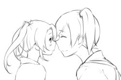 Rule 34 | 10s, 2girls, chocotto715, closed mouth, closed eyes, greyscale, hair ribbon, japanese clothes, kaga (kancolle), kantai collection, kiss, monochrome, multiple girls, noses touching, ponytail, ribbon, short hair, side ponytail, smile, twintails, aged down, zuikaku (kancolle)