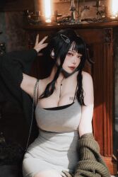 Rule 34 | 1girl, airpods, barcode, black camisole, black cardigan, black hair, black nails, breasts, camisole, cardigan, cleavage, cosplay, cosplay photo, d (killer wife) (nikke), d (nikke), dress, goddess of victory: nikke, grey dress, head tilt, highres, large breasts, looking at viewer, mask, mirumi (36mirumi), off shoulder, photo (medium), pink lips, red lips, sidelocks, sitting, smile, solo, sunlight, wide hips, wireless earphones