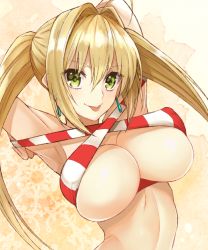Rule 34 | 10s, 1girl, :p, ahoge, armpits, arms behind head, arms up, bad id, bad pixiv id, bare arms, bare shoulders, bikini, bikini top lift, blonde hair, breasts, cleavage, closed mouth, clothes lift, cocq taichou, collarbone, commentary request, covered erect nipples, criss-cross halter, earrings, eyelashes, fate/extra, fate/grand order, fate (series), fingernails, green eyes, hair between eyes, hair intakes, halterneck, jewelry, large breasts, long fingernails, long hair, looking at viewer, nero claudius (fate), nero claudius (fate) (all), nero claudius (swimsuit caster) (fate), side-tie bikini bottom, sidelocks, skindentation, smile, solo, standing, stomach, strap lift, striped bikini, striped clothes, swimsuit, tongue, tongue out, twintails, underboob, upper body