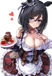 Rule 34 | 1girl, animal ears, apron, bare shoulders, black hair, blue eyes, blush, breasts, choker, cleavage, closed mouth, collarbone, commentary, corset, cowboy shot, detached sleeves, ear ornament, eishin flash (umamusume), flower, food, frilled apron, frilled skirt, frilled sleeves, frills, fruit, german commentary, german text, hair between eyes, hand on own chest, highres, holding, holding plate, horse ears, large breasts, long sleeves, looking at viewer, marisasu (marisa0904), nail polish, pink nails, plate, red choker, red flower, red rose, red skirt, rose, short hair, skirt, smile, solo, strawberry, striped clothes, striped skirt, umamusume, vertical-striped clothes, vertical-striped skirt, waist apron