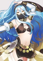 Rule 34 | 1girl, aym (ash3ash3ash), azura (fire emblem), bare shoulders, blue hair, braid, breasts, cleavage, cosplay, fire emblem, fire emblem awakening, fire emblem fates, fire emblem heroes, hairband, long hair, looking at viewer, medium breasts, midriff, mouth veil, navel, nintendo, o-ring, o-ring top, olivia (fire emblem), olivia (fire emblem) (cosplay), ponytail, side braid, smile, solo, twin braids, veil, yellow eyes
