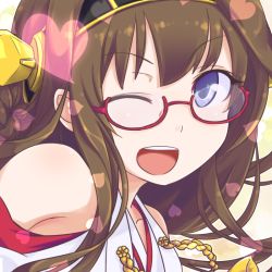 Rule 34 | 10s, 1girl, bespectacled, blue eyes, braid, brown hair, close-up, detached sleeves, glasses, hairband, heart, japanese clothes, kantai collection, kongou (kancolle), kurabayashi aya, long hair, looking at viewer, open mouth, personification, red-framed eyewear, solo, wink