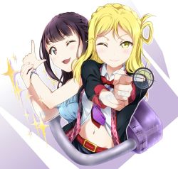 Rule 34 | &gt;:), 2girls, ;d, belt, black hair, blonde hair, bow, bowtie, bracelet, braid, brown eyes, crown braid, finger gun, formal, hair ornament, hair ribbon, holding own wrist, jewelry, long sleeves, looking at viewer, love live!, love live! school idol festival, love live! sunshine!!, multiple girls, navel, necktie, ohara mari, one eye closed, open mouth, red neckwear, ribbon, smile, sparkle, suit, surfing orange, suzuki aina (voice actor), upper body, v-shaped eyebrows, voice actor, voice actor connection, watermark, yellow eyes