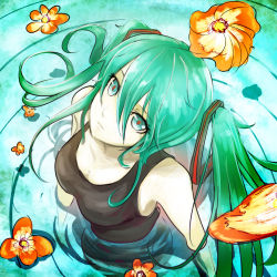 Rule 34 | 1girl, absurdres, beancurd, from above, green eyes, green hair, hatsune miku, highres, looking up, matching hair/eyes, solo, twintails, vocaloid, wading