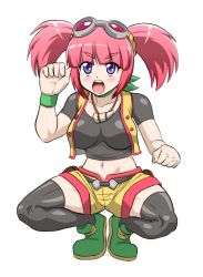Rule 34 | 00s, black legwear, blush, breasts, choker, cleavage, climax entertainment, dinosaur king, hokuto (tokuho), jewelry, navel, necklace, open mouth, pink hair, sega, sexually suggestive, shorts, squatting, tatsuno malm, thighhighs, twintails, vest, wristband