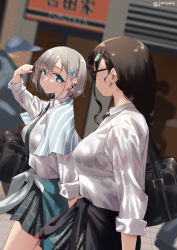 Rule 34 | 2girls, arm up, bag, blue eyes, blush, brown hair, collared shirt, commentary, glasses, hair ornament, hairclip, jonsun, long hair, looking at another, looking to the side, miniskirt, mole, mole under eye, multiple girls, necktie, original, plaid, plaid skirt, school bag, school uniform, shirt, short hair, sidelocks, silver hair, skirt, sleeves rolled up, thighs, tied sweater, tile floor, tiles, uniform, walking, white shirt