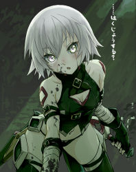 Rule 34 | 1girl, bandages, bare shoulders, blood, blood on face, blush, breasts, commentary request, fate/apocrypha, fate/grand order, fate (series), grey hair, jack the ripper (fate/apocrypha), navel, pink eyes, scar, short hair, sjw kazuya, small breasts, solo, translation request, weapon