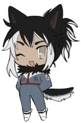 Rule 34 | 1girl, animal ears, black hair, bodysuit, boots, borrowed character, chest harness, chibi, chibi only, colored tips, dog ears, dog girl, dog tail, full body, green eyes, grey bodysuit, grey hair, hands in pockets, harness, husky, lapithai, looking at viewer, lowres, multicolored hair, one eye closed, open mouth, original, ponytail, sidelocks, simple background, solo, standing, tail, transparent background, tsurime, white footwear