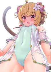 Rule 34 | 1girl, :o, ahoge, andira (granblue fantasy), animal ears, bare shoulders, blonde hair, blue one-piece swimsuit, blush, breasts, casual one-piece swimsuit, commentary request, covered navel, double bun, flower, from below, gluteal fold, granblue fantasy, groin, hair bun, hair flower, hair ornament, hekomii, looking at viewer, looking down, monkey ears, monkey girl, monkey tail, one-piece swimsuit, open mouth, see-through, simple background, small breasts, solo, swimsuit, tail, white background, white flower