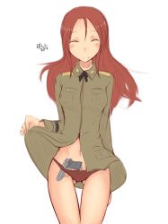 Rule 34 | 1girl, blush, bookmarkahead, closed mouth, closed eyes, female focus, gun, military, military uniform, minna-dietlinde wilcke, panties, red hair, red panties, simple background, smile, solo, strike witches, underwear, uniform, weapon, white background, world witches series