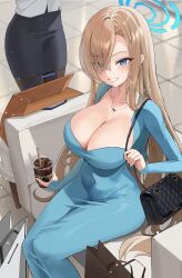Rule 34 | 2girls, absurdres, asuna (blue archive), bag, black pantyhose, blue archive, blue dress, blue eyes, blush, breasts, cleavage, covered navel, cup, disposable cup, dongtan dress, dress, grin, hair over one eye, halo, highres, indoors, large breasts, light brown hair, long hair, looking at viewer, lovehaejo, meme attire, mole, mole on breast, multiple girls, out of frame, pantyhose, pencil skirt, scoop neck, shopping bag, sitting, skirt, smile, solo focus, tile floor, tiles, very long hair