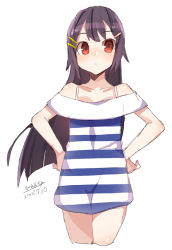 Rule 34 | 1girl, :o, bare shoulders, blush, brown hair, collarbone, cropped legs, dated, dress, hair ornament, hairclip, hands on own hips, long hair, maze (gochama ze gohan), off-shoulder dress, off shoulder, original, parted lips, red eyes, short dress, signature, simple background, sketch, solo, standing, striped clothes, striped dress, very long hair, white background