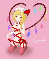 Rule 34 | 1girl, aged up, blonde hair, breasts, commentary request, crystal, cursive, dai zu san, english text, finger to mouth, fingernails, flandre scarlet, full body, happy valentine, hat, hat ribbon, kneeling, long hair, looking at viewer, medium breasts, mob cap, naked ribbon, navel, open mouth, partial commentary, pink background, red eyes, red ribbon, red thighhighs, ribbon, sharp fingernails, sharp teeth, shushing, simple background, solo, teeth, thighhighs, touhou, valentine, white hat, wings