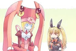 Rule 34 | 2girls, android, angry, arc system works, blazblue, blonde hair, blue eyes, bow, breast envy, citolo, clenched teeth, crossed arms, gununu (meme), hair bow, hat, height difference, ignis (blazblue), long hair, meme, multiple girls, pink hat, rachel alucard, red eyes, ribbon, robot ears, shawl, short hair, size difference, teeth, twintails