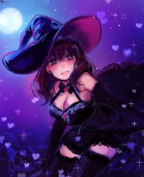 Rule 34 | 10s, 1girl, bad id, bad twitter id, black dress, blue eyes, blush, breasts, broom, brown hair, cleavage, cowboy shot, dress, elbow gloves, full moon, gloves, hat, heart, heart-shaped pupils, highres, holding, idolmaster, idolmaster cinderella girls, long hair, looking at viewer, medium breasts, moon, open mouth, sakuma mayu, solo, sparkle, symbol-shaped pupils, thighhighs, tis (shan0x0shan), upper body, witch hat, zettai ryouiki
