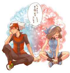 Rule 34 | 1boy, 1girl, bandana, bare shoulders, bike shorts, black hair, brown hair, head rest, couple, creatures (company), fang, game freak, holding hands, hat, hetero, indian style, looking away, nintendo, pokemon, pokemon adventures, brendan (pokemon), may (pokemon), shirou (vista), sitting, smile, thought bubble, translated, tsundere, twintails