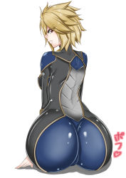 Rule 34 | 1girl, angry, ass, backboob, blonde hair, bodysuit, breasts, cameltoe, dimaria yesta, fairy tail, from behind, huge ass, looking at viewer, looking back, murabito sono2, red eyes, shadow, shiny clothes, short hair, simple background, sitting, skin tight, solo, white background
