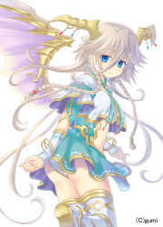 Rule 34 | 1girl, bangle, blue eyes, bracelet, braid, falkyrie no monshou, horns, jewelry, leg up, long hair, looking at viewer, lots of jewelry, silver hair, smile, solo, soukuu kizuna, thighhighs, tiamat (falkyrie no monshou), twin braids, watermark, white background, white thighhighs, wings