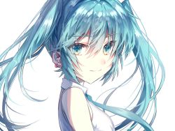 Rule 34 | 1girl, arms at sides, bare shoulders, blue eyes, blue hair, blue necktie, close-up, deep (deep4946), ear piercing, earrings, floating hair, hair between eyes, hatsune miku, highres, jewelry, long hair, looking at viewer, necktie, piercing, shirt, short bangs, simple background, sleeveless, sleeveless shirt, smile, solo, twintails, upper body, vocaloid, white background, white shirt