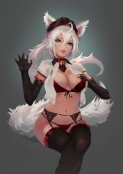 Rule 34 | 1girl, animal ears, bell, blue eyes, bow, grabbing another&#039;s breast, cglas, choker, claw pose, crossed legs, elbow gloves, fangs, garter straps, gloves, grabbing, maid headdress, midriff, navel, neck bell, panties, red panties, see-through, shirt, sitting, snow sos, solo, tail, thighhighs, tied shirt, underwear