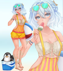 Rule 34 | 1girl, artist name, ball, bare shoulders, beachball, bird, blue-tinted eyewear, blue background, blue eyes, blue hair, bow, braid, breasts, cleavage, commentary, commission, cooler, dated, english commentary, eyewear on head, food, french braid, hair between eyes, head tilt, highres, holding, looking at viewer, medium breasts, medium hair, original, penguin, popsicle, red bow, sandals, short shorts, shorts, solo, standing, sunglasses, suspender shorts, suspenders, temachii, tinted eyewear, wristband, yellow shorts, zoom layer