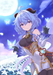 Rule 34 | 1girl, ahoge, ayamal (mainichi ryokucha), bare shoulders, bell, black gloves, blue hair, blush, breasts, bug, butterfly, chinese knot, detached sleeves, field, flower, flower field, flower knot, full moon, ganyu (genshin impact), genshin impact, gloves, gold trim, highres, horns, insect, long hair, looking at viewer, low ponytail, medium breasts, moon, neck bell, night, purple eyes, sidelocks, smile, solo, tassel, vision (genshin impact), white flower, white sleeves