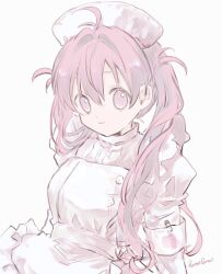 Rule 34 | 1girl, armband, closed mouth, hano luno, hat, highres, juliet sleeves, long sleeves, looking at viewer, nurse, nurse cap, original, pink eyes, pink hair, puffy sleeves, safety pin, shirt, smile, solo, upper body, white armband, white background, white shirt