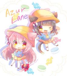 Rule 34 | 2girls, ;d, absurdres, animal ears, azur lane, bell, black footwear, blue shirt, blush, bow, bowtie, brown eyes, brown hair, candy wrapper, cat ears, cat girl, cat tail, chibi, copyright name, ears through headwear, fang, food, hair ribbon, hands up, hat, highres, jingle bell, kindergarten uniform, kisaragi (azur lane), kneehighs, kou hiyoyo, lifebuoy, long hair, long sleeves, macaron, multiple girls, mutsuki (azur lane), neckerchief, one eye closed, open mouth, own hands together, pink hair, pleated skirt, red bow, red eyes, red ribbon, ribbon, school hat, shirt, skirt, smile, socks, sweat, swim ring, tail, tail bell, tail bow, tail ornament, thighhighs, twitter username, white legwear, yellow hat, yellow neckwear, yellow skirt