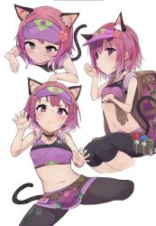 Rule 34 | 1girl, animal ear fluff, animal ears, backpack, bag, bare shoulders, bell, belly, belt, bike shorts, black shorts, blush, breasts, cat ears, cat girl, cat tail, choker, claw pose, collarbone, licking, looking at viewer, miniskirt, multiple views, navel, neck bell, open mouth, pkpkpppk, princess connect!, purple eyes, purple hair, purple headwear, purple skirt, purple sports bra, shorts, skirt, small breasts, sports bra, stomach, tail, tamaki (mechanic) (princess connect!), tamaki (princess connect!), visor cap