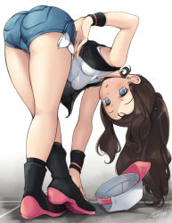 Rule 34 | 1girl, absurdres, ass, bent over, blouse, blue eyes, blush, breasts, brown hair, creatures (company), eyebrows, full body, game freak, hand on own hip, hat, highres, hilda (pokemon), long hair, looking at viewer, maremay0513, nintendo, pokemon, pokemon bw, ponytail, shirt, short shorts, shorts, simple background, sleeveless, sleeveless shirt, solo, thighs, top-down bottom-up, unworn hat, unworn headwear, vest, white background
