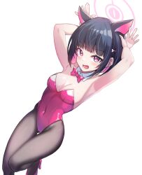 Rule 34 | 1girl, animal ears, armpits, black hair, black pantyhose, blue archive, bow, bowtie, cat ears, colored inner hair, coma (light825), covered navel, detached collar, feet out of frame, halo, highres, kazusa (blue archive), kittysuit, leotard, multicolored hair, nontraditional playboy bunny, pantyhose, pink hair, rabbit pose, red bow, red bowtie, red eyes, red leotard, short hair, simple background, solo, strapless, strapless leotard, two-tone hair, white background